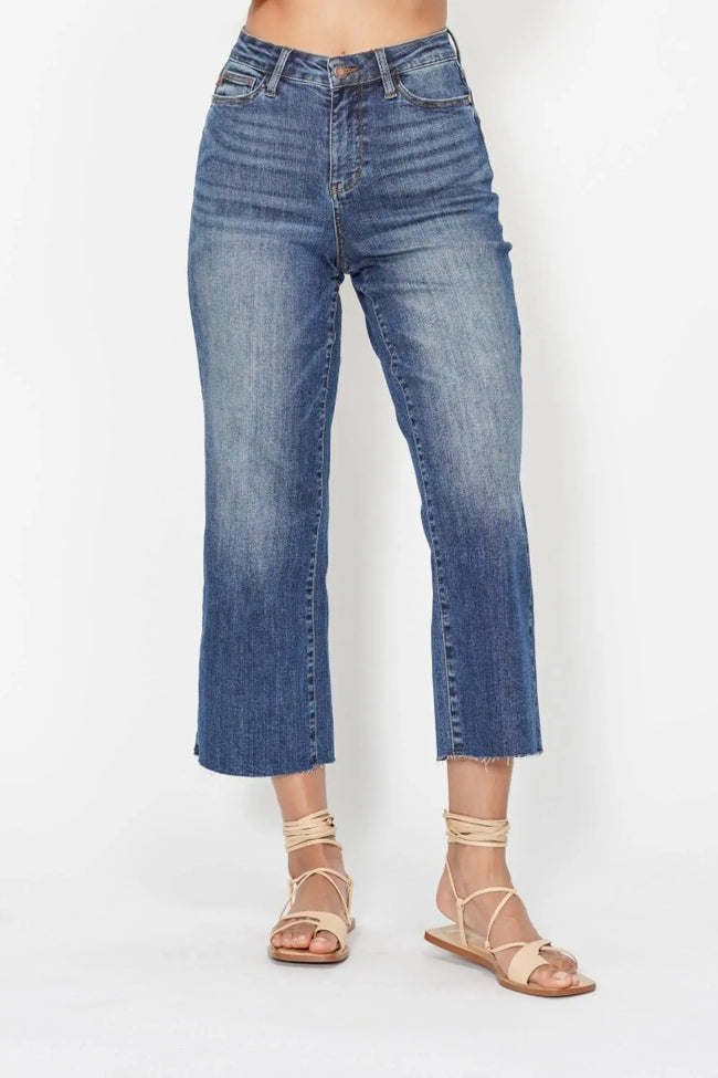 Judy Blue High Waist Back Pocket Embroidery Crop Wide Jeans  Style Ratio