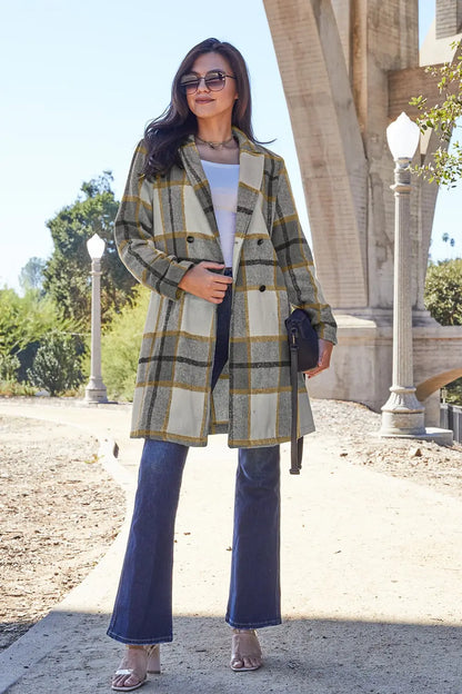 Double Take Plaid Button Up Lapel Collar Coat Trendsi
