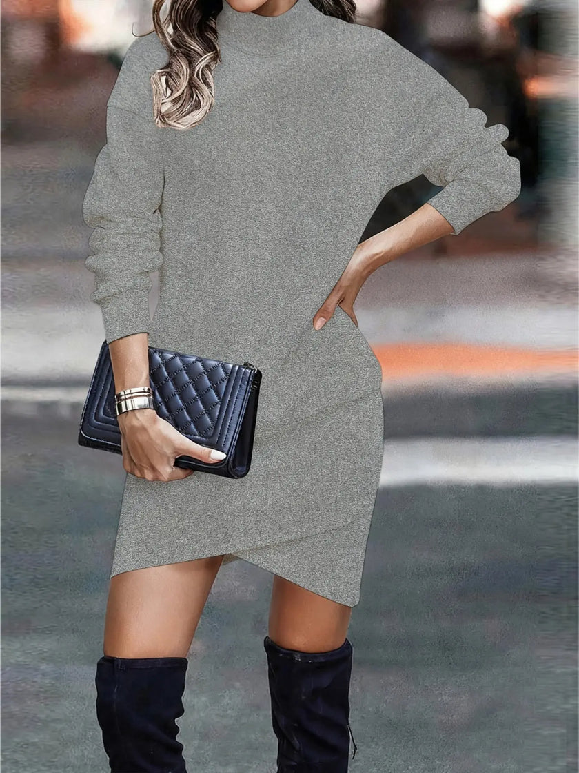 Turtleneck Long Sleeve Asymmetrical Hem Mini Dress  Style Ratio