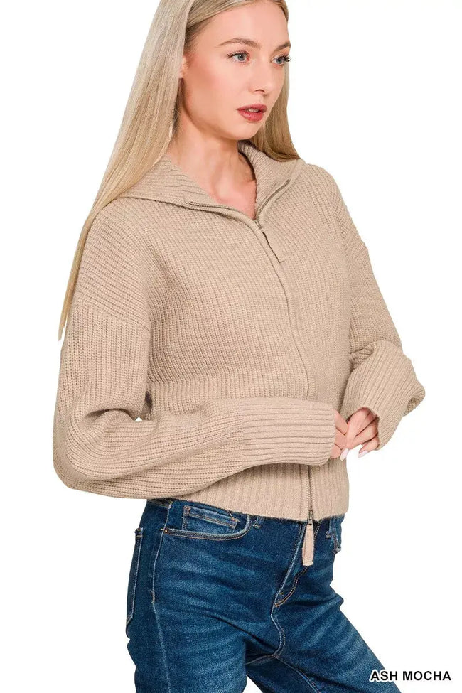 Zenana Ribbed Collared Zip Up Cardigan  Style Ratio