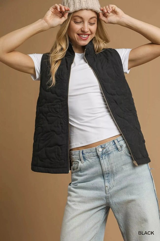 Umgee Quilted Floral Zip Up Vest with Pockets  Style Ratio