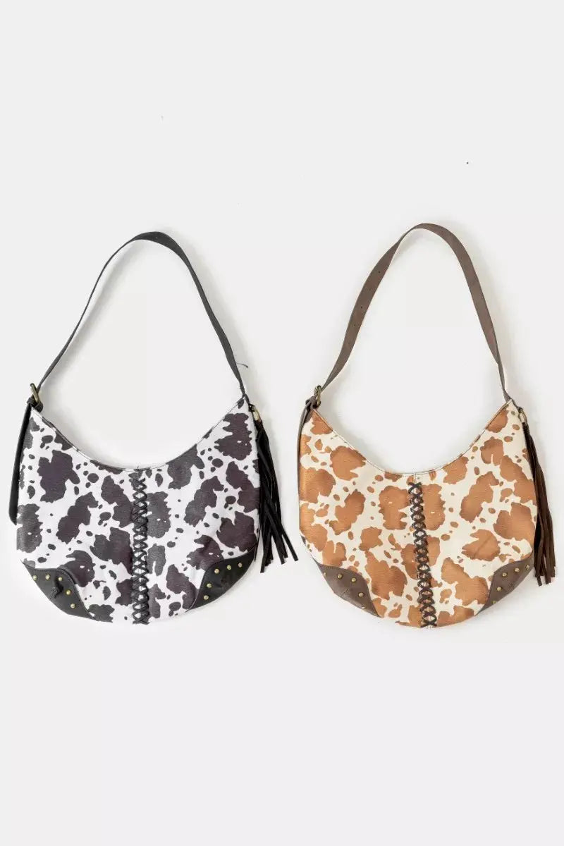 Fame Cow Print Hobo Shoulder Bag with Studded Details  Style Ratio