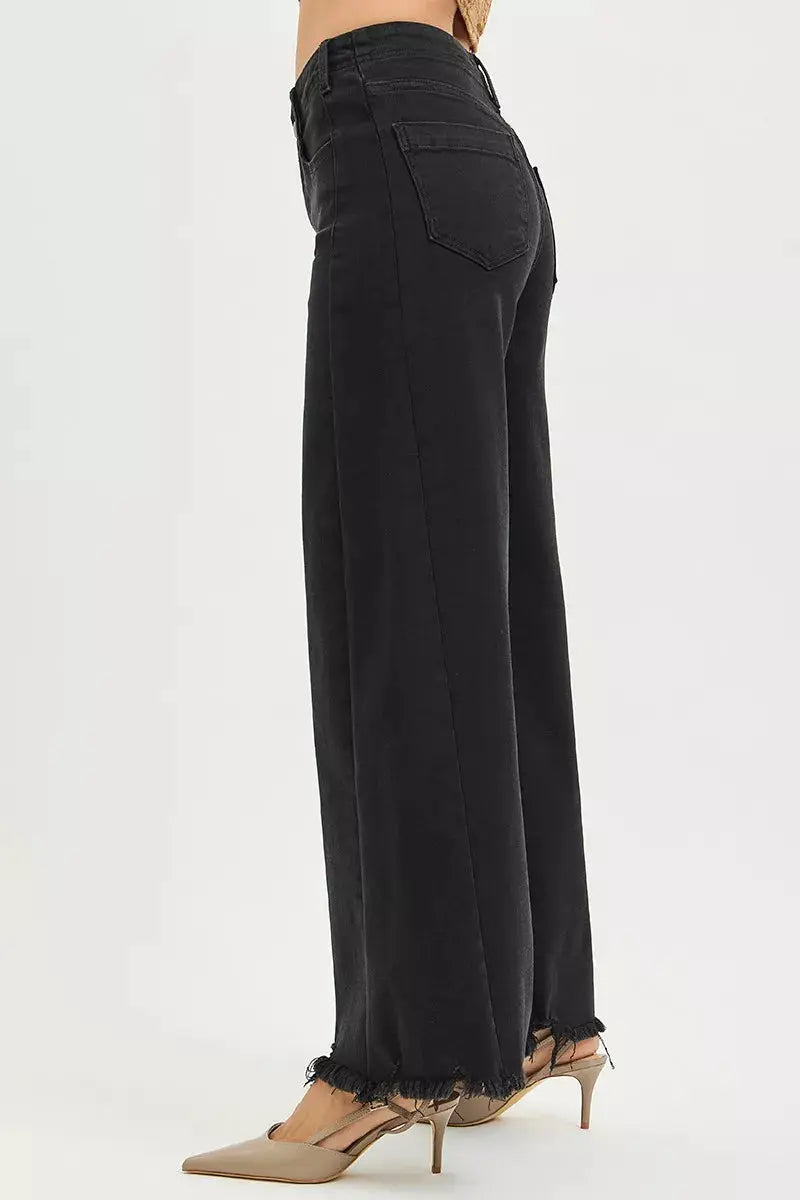 RISEN Tummy Control High Rise Palazzo Leg Frayed Hem Jeans  Style Ratio