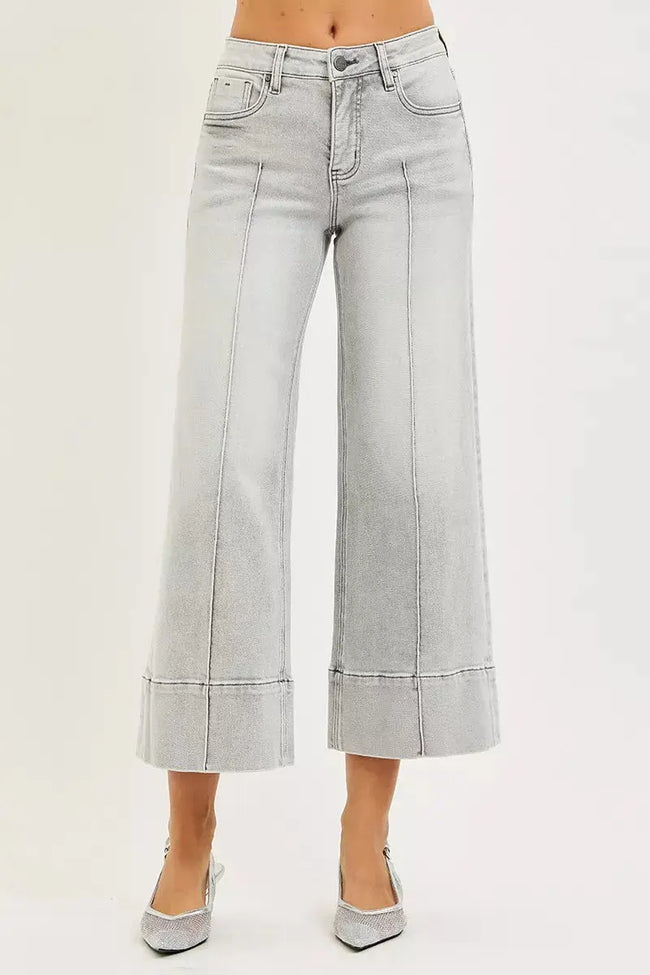 RISEN Tummy Control Mid Rise Crop Wide Pintuck Front Jeans  Style Ratio