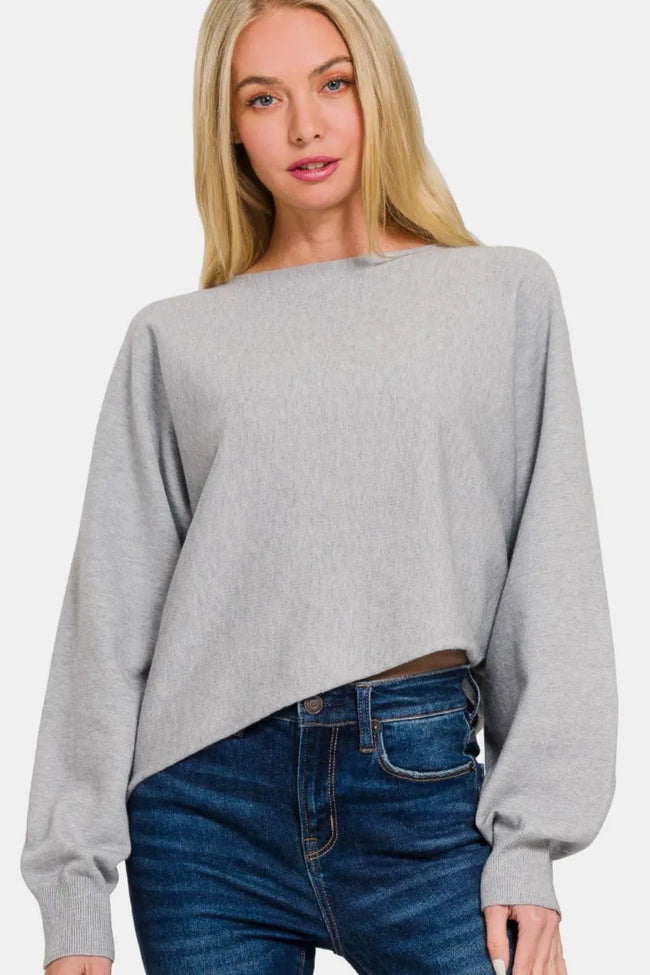 Zenana Asymmetric Hem Long Sleeve Sweater  Style Ratio