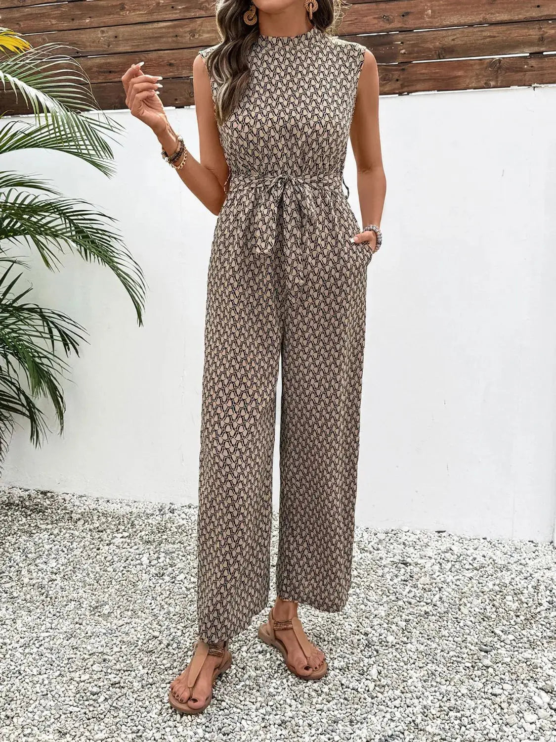 Printed Mock Neck Sleeveless Jumpsuit  Style Ratio