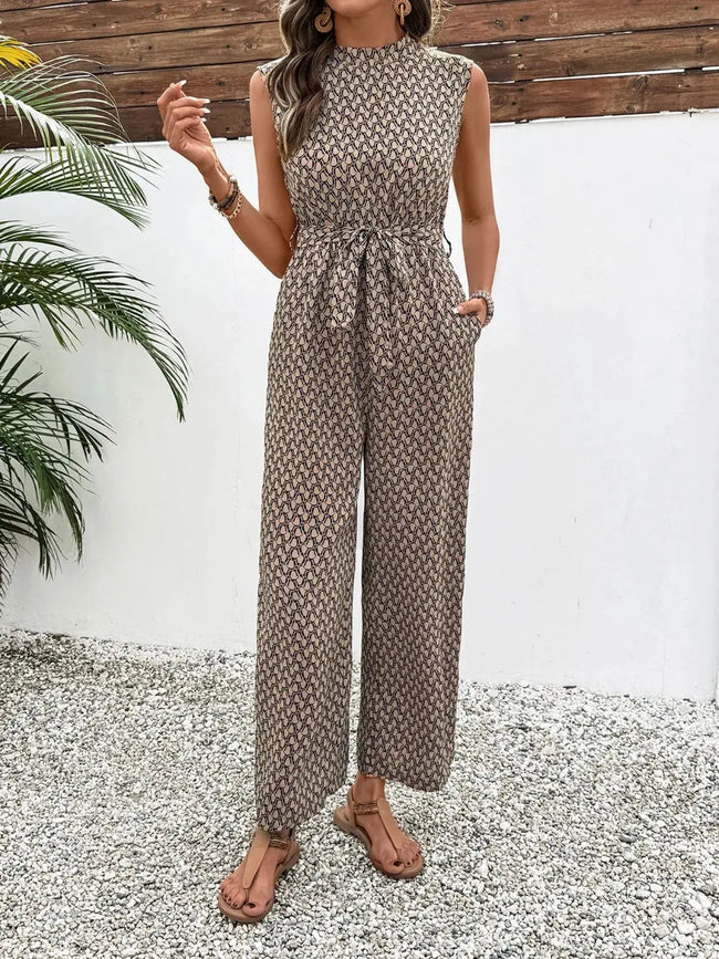 Printed Mock Neck Sleeveless Jumpsuit  Style Ratio
