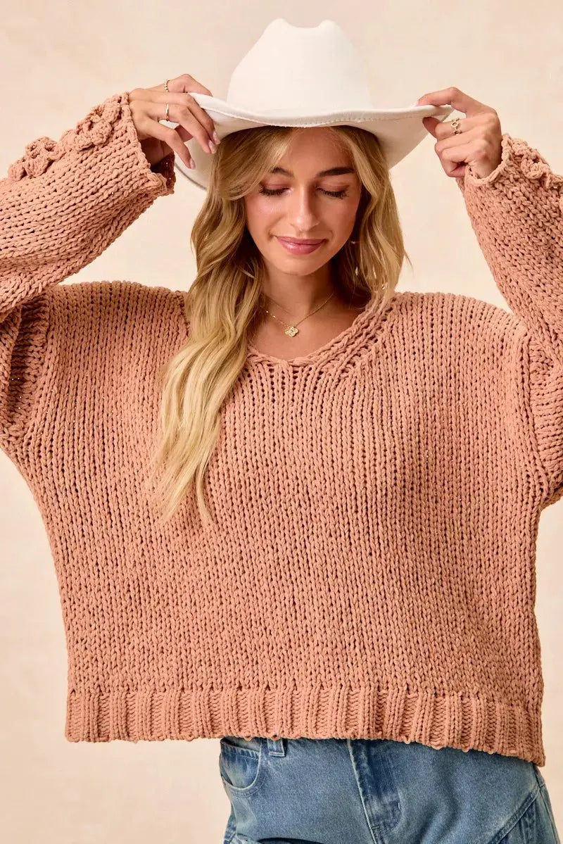 BiBi Chunky Knit Sweater with Flower Detail Sleeves  Style Ratio