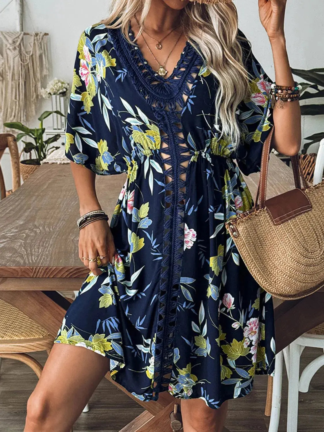 Crochet Front V-Neck Printed Cover-Up  Style Ratio