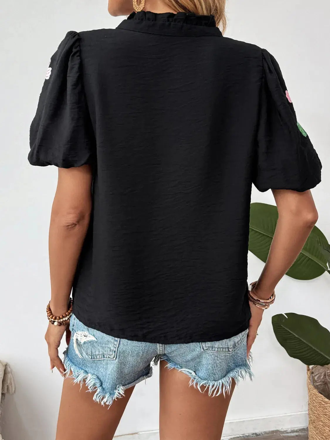 Floral Puff Sleeve Notched Blouse  Style Ratio