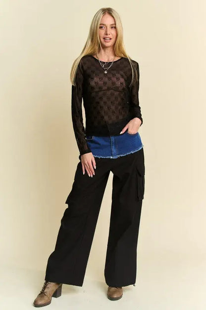 Davi & Dani Bow Mesh Round Neck Long Sleeve Blouse Trendsi