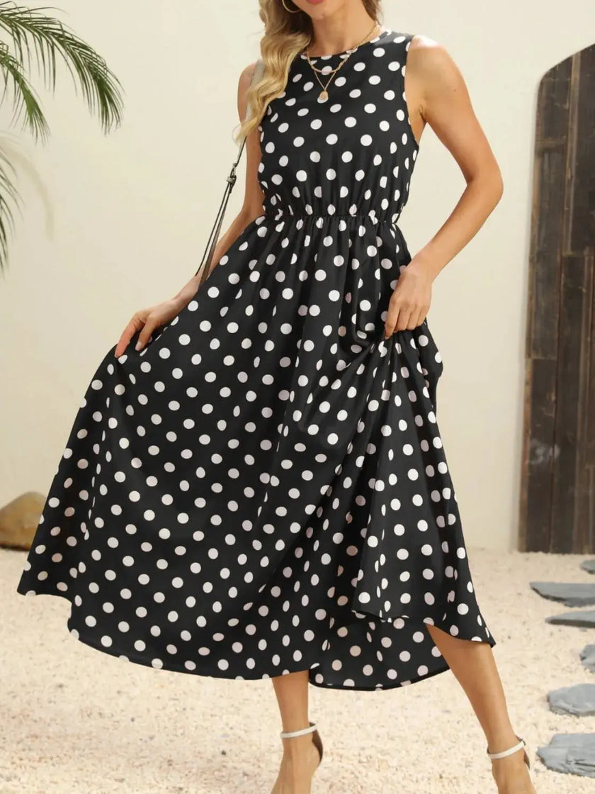 Polka Dot Round Neck Sleeveless Midi Dress  Style Ratio