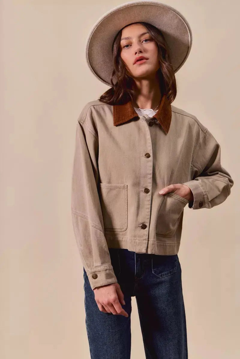 SO ME Cotton Twill Cropped Barn Jacket wtih Collar  Style Ratio