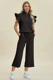 Double Take Full Size Texture Ruffle Short Sleeve Top and Wide Leg Pants Set  Style Ratio