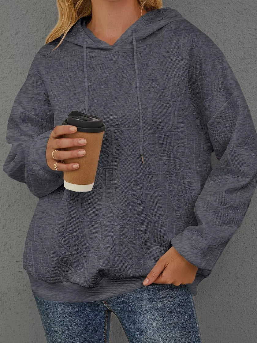 Full Size Embossed Lettering Casual Hoodie  Style Ratio