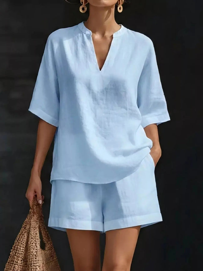 Full Size Notched Half Sleeve Top and Shorts Set  Style Ratio