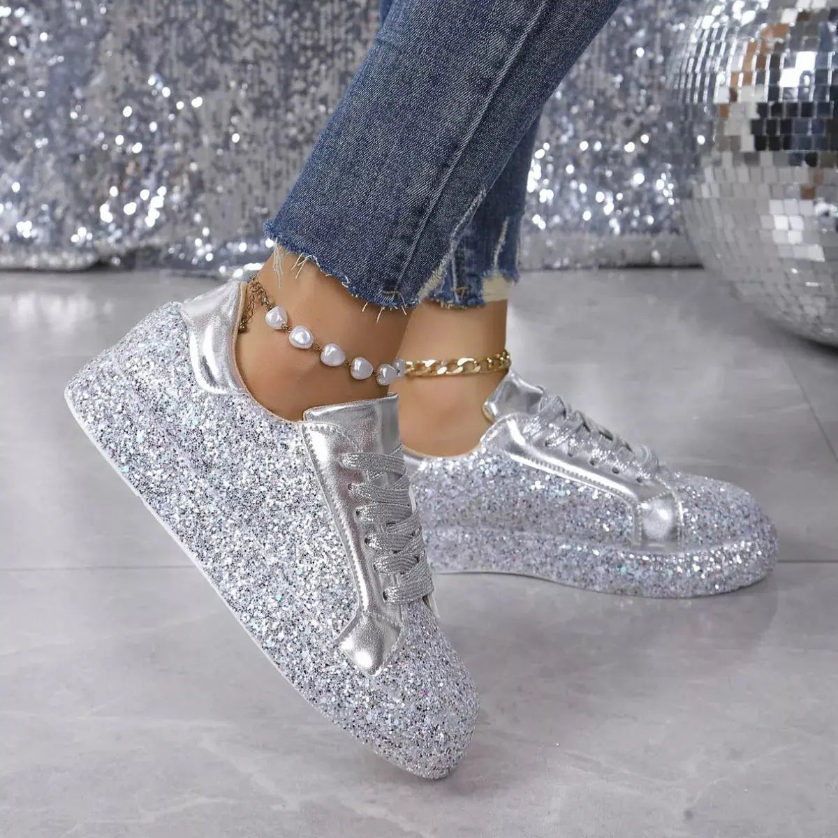 Sequin Lace Up Sneakers  Style Ratio