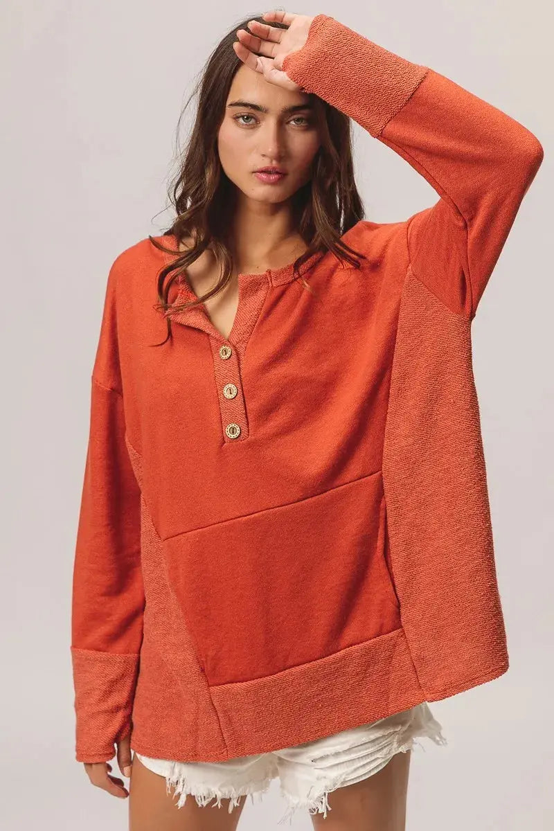 BiBi French Terry Knit Side Block Buttoned Henley Sweatshirt  Style Ratio