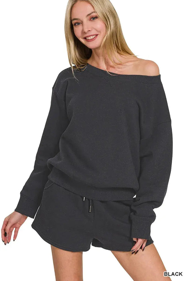 Zenana Fleece Boat Neck Sweatshirt and Shorts Set  Style Ratio