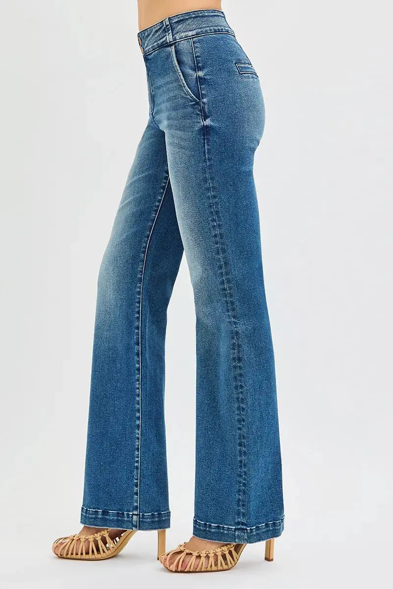 RISEN Full Size Tummy Control High Rise Bootcut Jeans with Double Button Waistband  Style Ratio