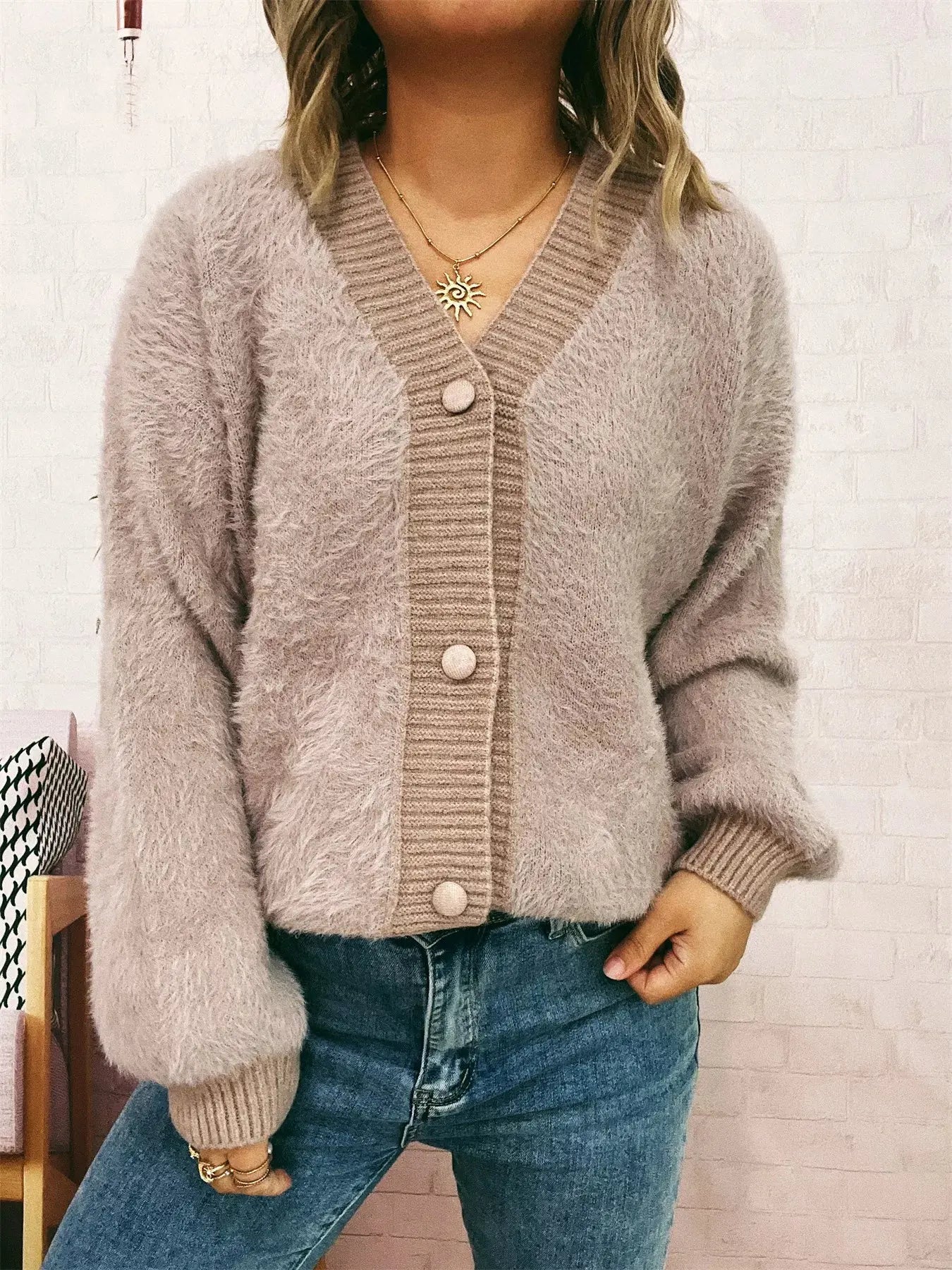 Fuzzy Button-Up Long Sleeve Cardigan  Style Ratio