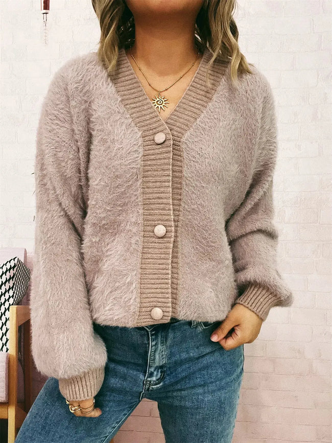 Fuzzy Button-Up Long Sleeve Cardigan  Style Ratio