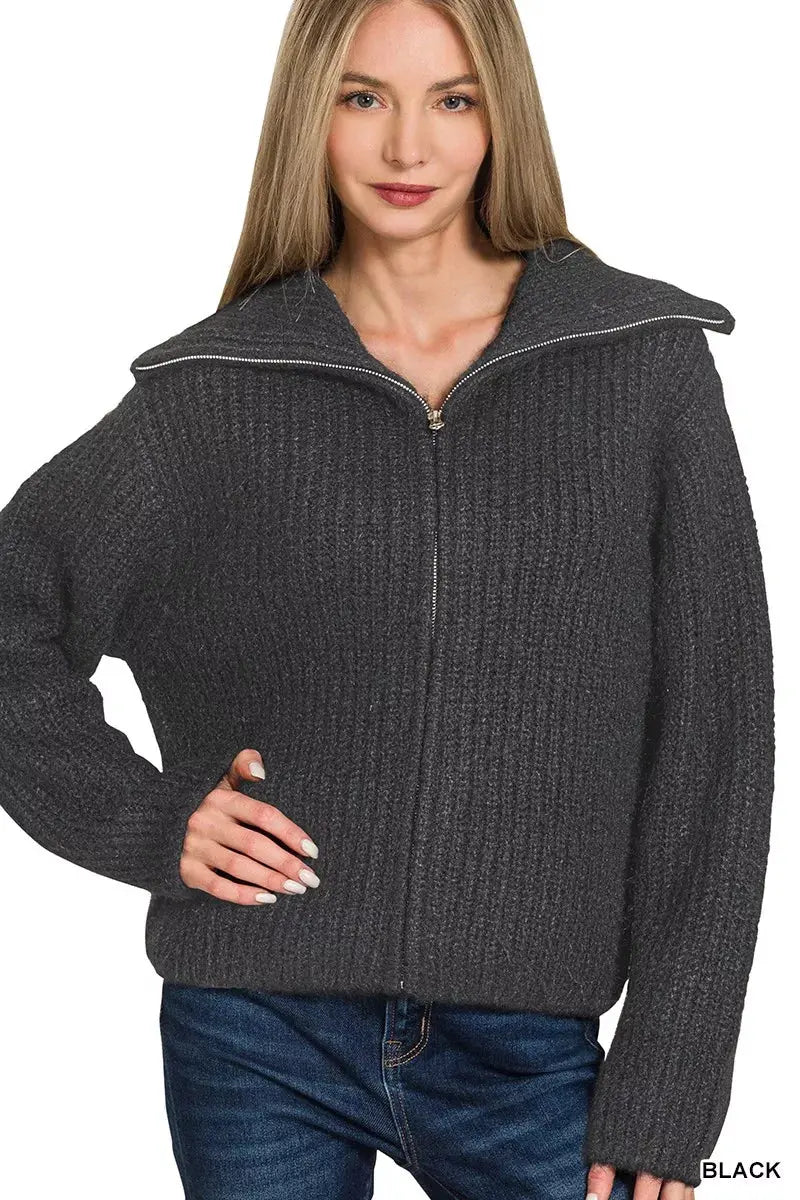 Zenana High Neck Full Zip Sweater Cardigan  Style Ratio