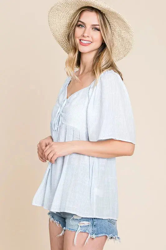 Lime N Chili Thin Striped with Tie Front Babydoll Blouse  Style Ratio