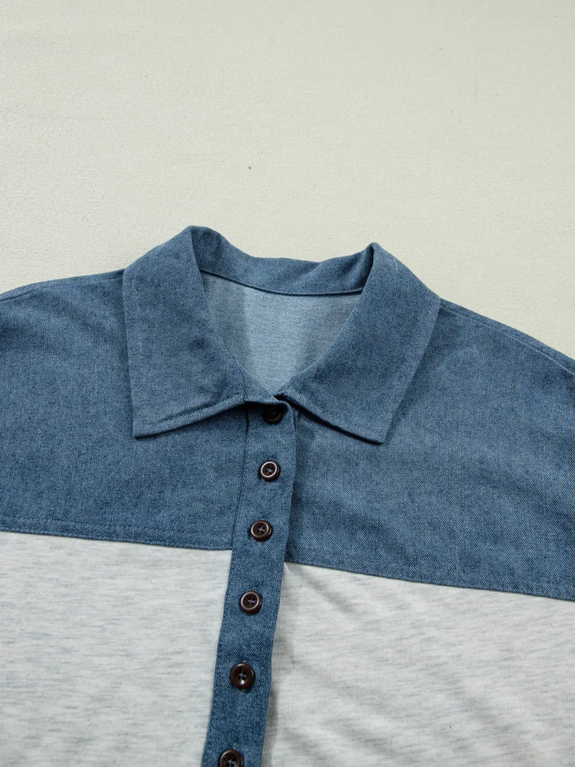 Color Block Denim Patchwork Button Polo Collar Short Sleeve Top  Style Ratio