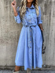 Full Size Tie Waist Button Front Denim Shirt Dress  Style Ratio