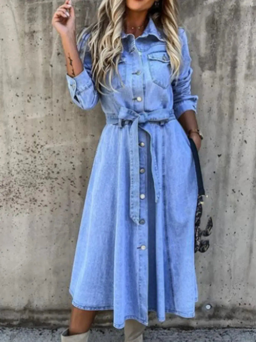 Full Size Tie Waist Button Front Denim Shirt Dress  Style Ratio