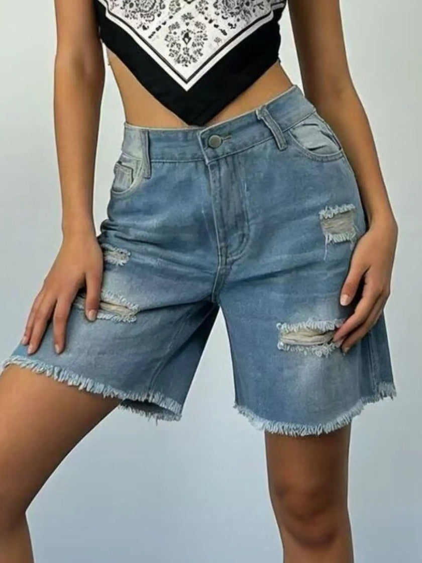 Full Size Ripped Frayed Hem Denim Shorts  Style Ratio