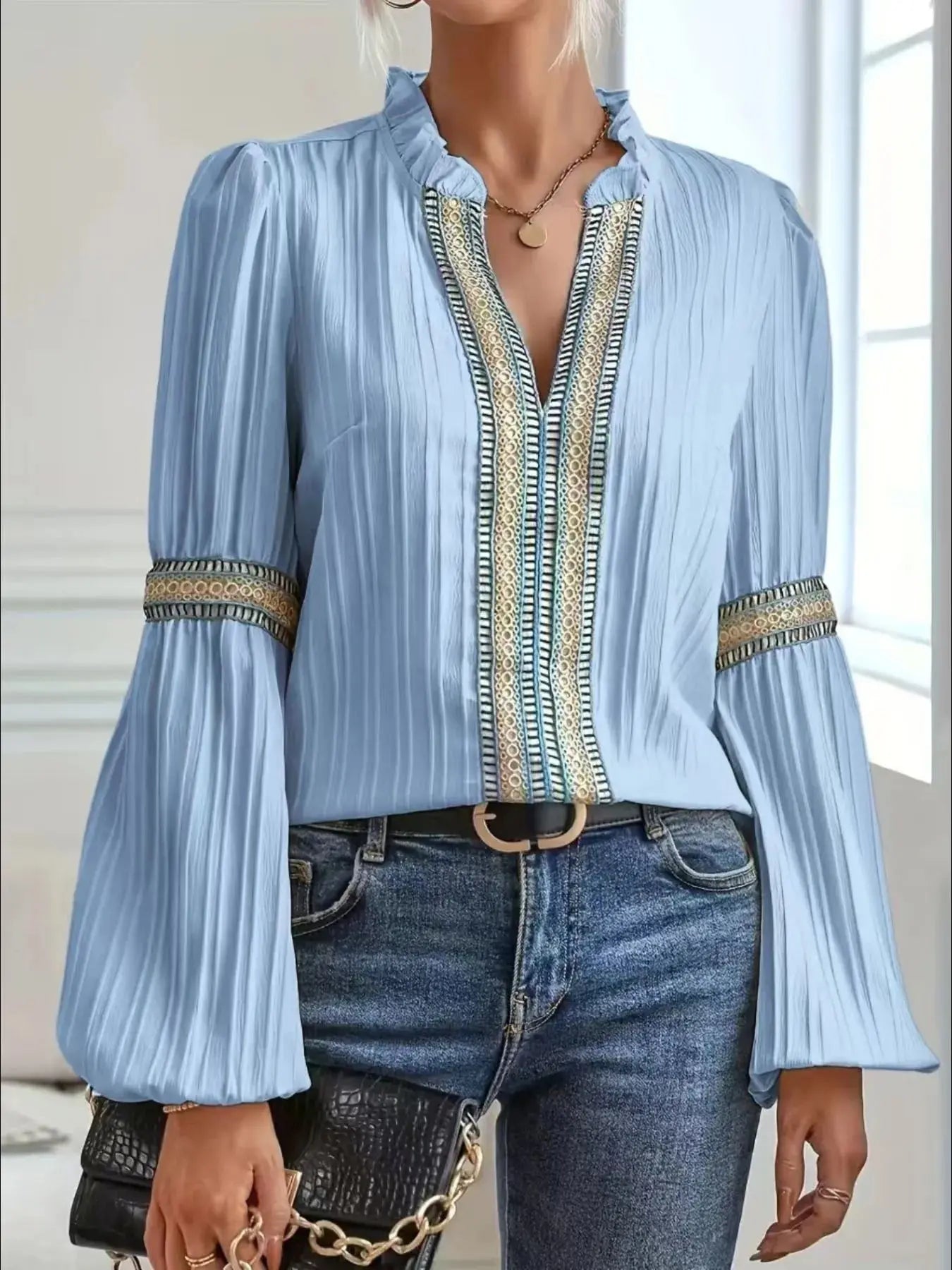 Notched Textured Balloon Sleeve Blouse  Style Ratio