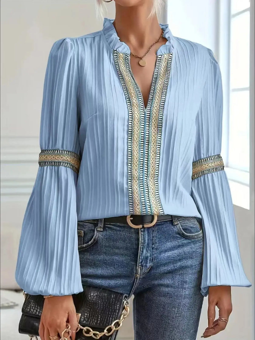 Notched Textured Balloon Sleeve Blouse  Style Ratio