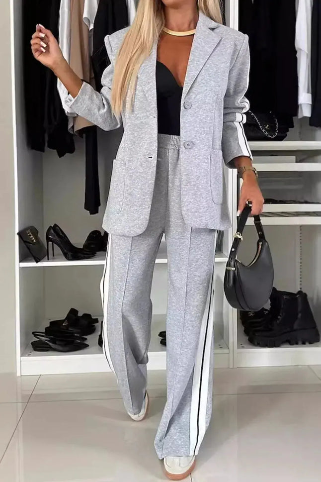 Full Size Contrast Lapel Collar Top and Pants Set  Style Ratio