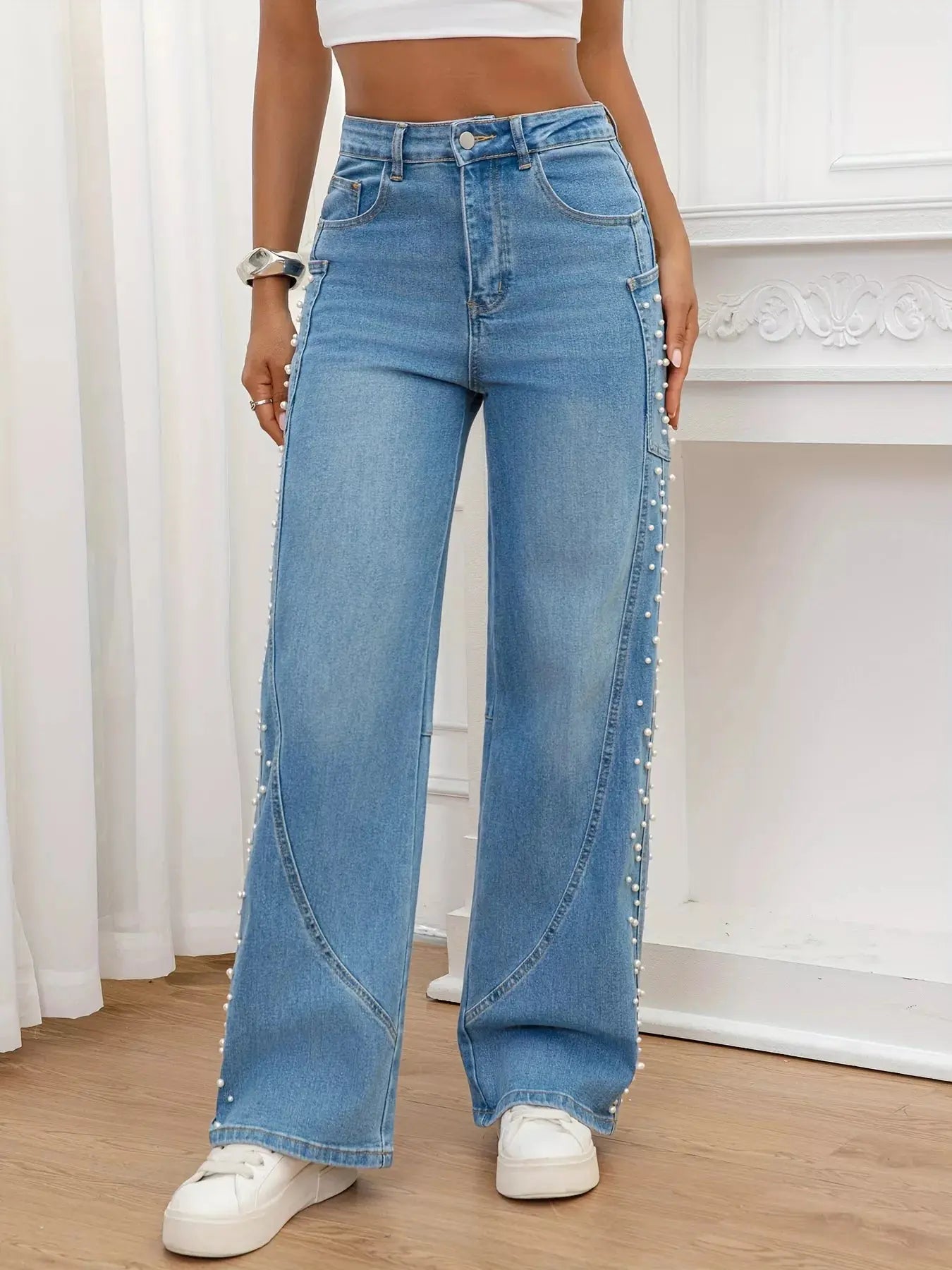 Pearl Embellished Wide Leg Jeans  Style Ratio