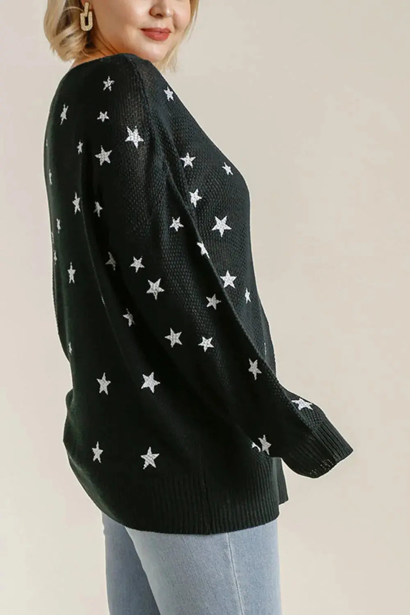 Umgee Star V-Neck Long Sleeve Sweater  Style Ratio