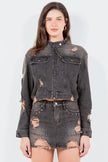 American Bazi Full Size Distressed Star Stud Trim Denim Rider Jacket  Style Ratio