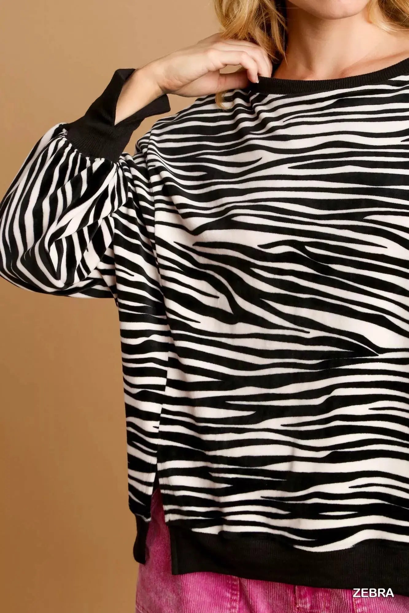 Umgee Zebra Striped Fleece Pullover Sweatshirt  Style Ratio