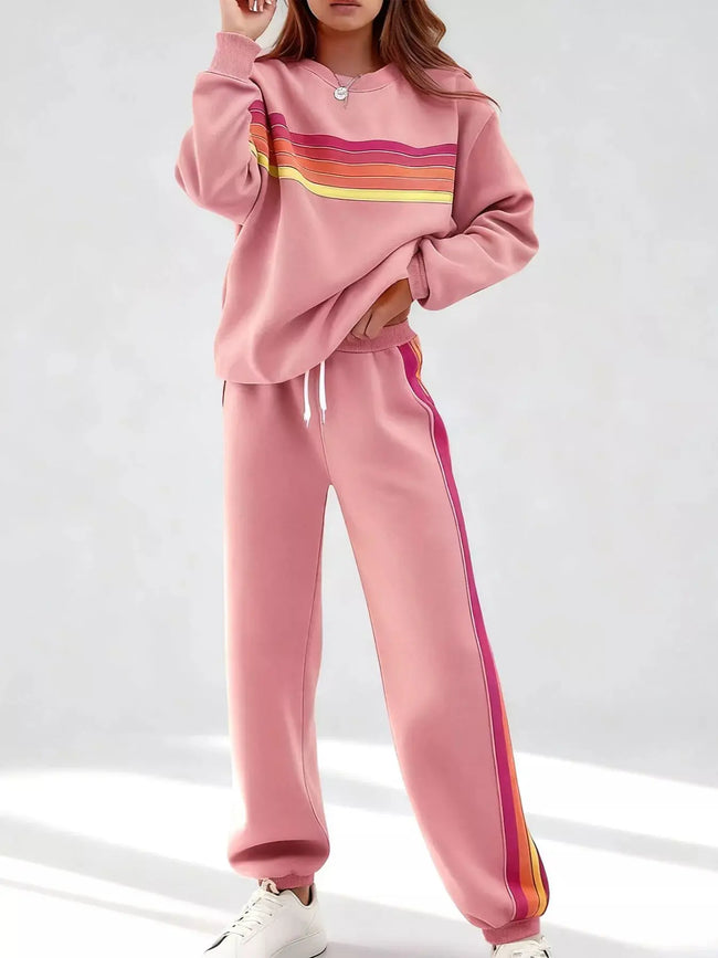 Striped Round Neck Sweatshirt and Pants Set  Style Ratio
