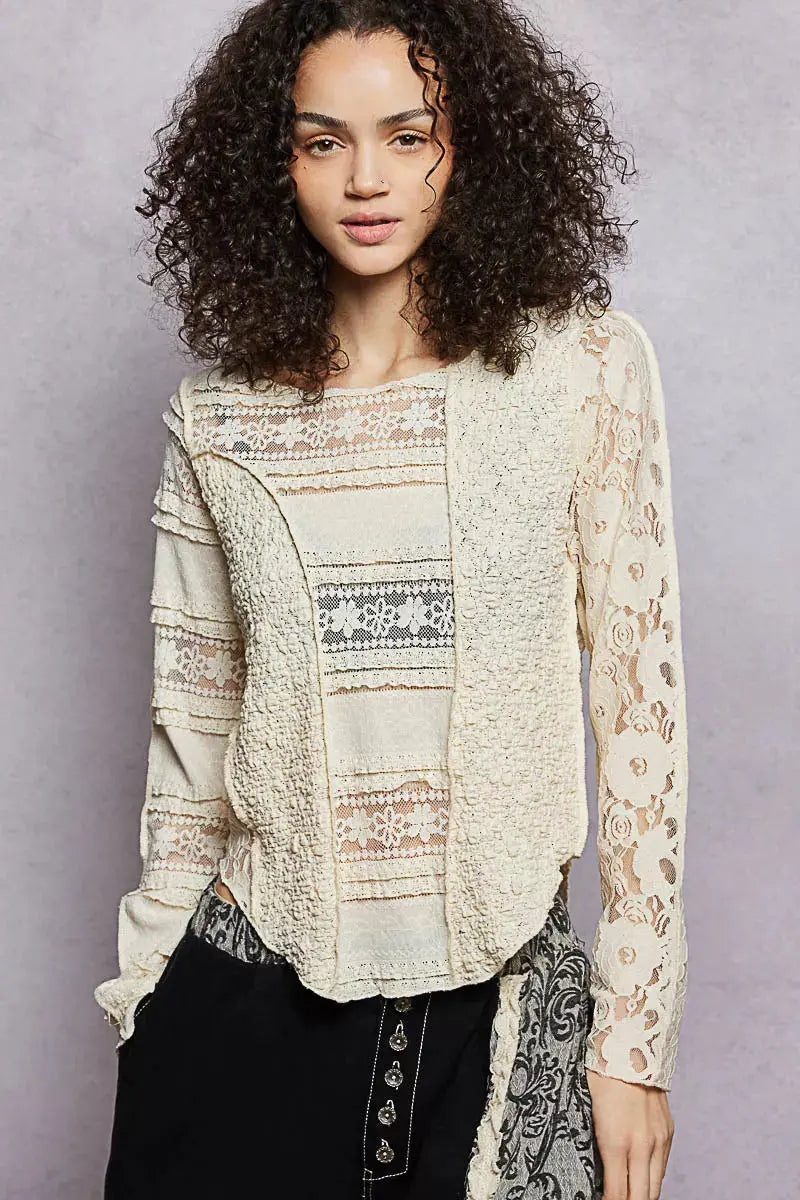POL Round Neck Long Sleeve Exposed Seam Top with Lace Detail  Style Ratio