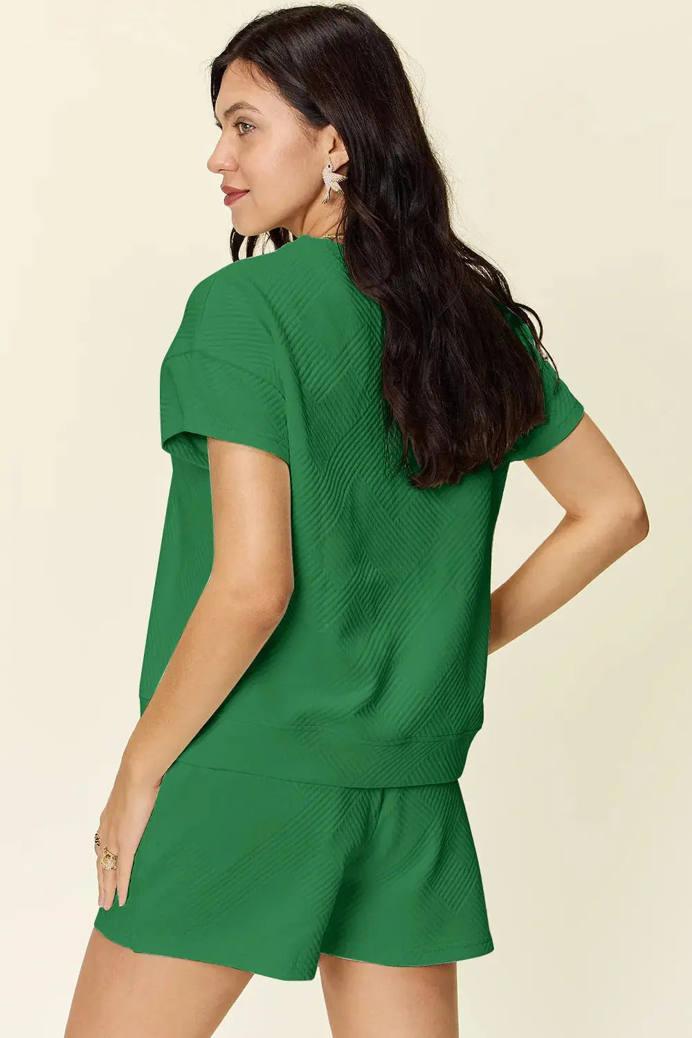 Double Take Full Size Texture Short Sleeve T-Shirt and Drawstring Shorts Set  Style Ratio