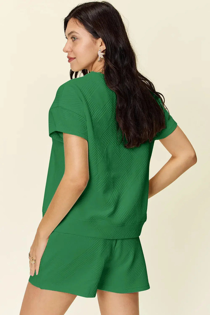 Double Take Full Size Texture Short Sleeve T-Shirt and Drawstring Shorts Set  Style Ratio