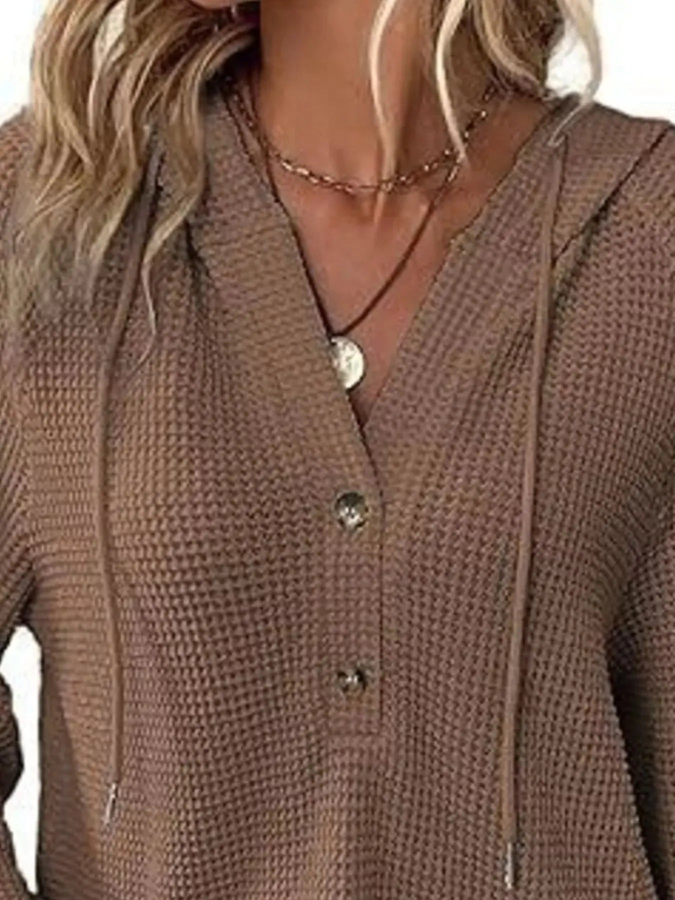 Full Size Button Detail Waffle Knit Hoodie  Style Ratio