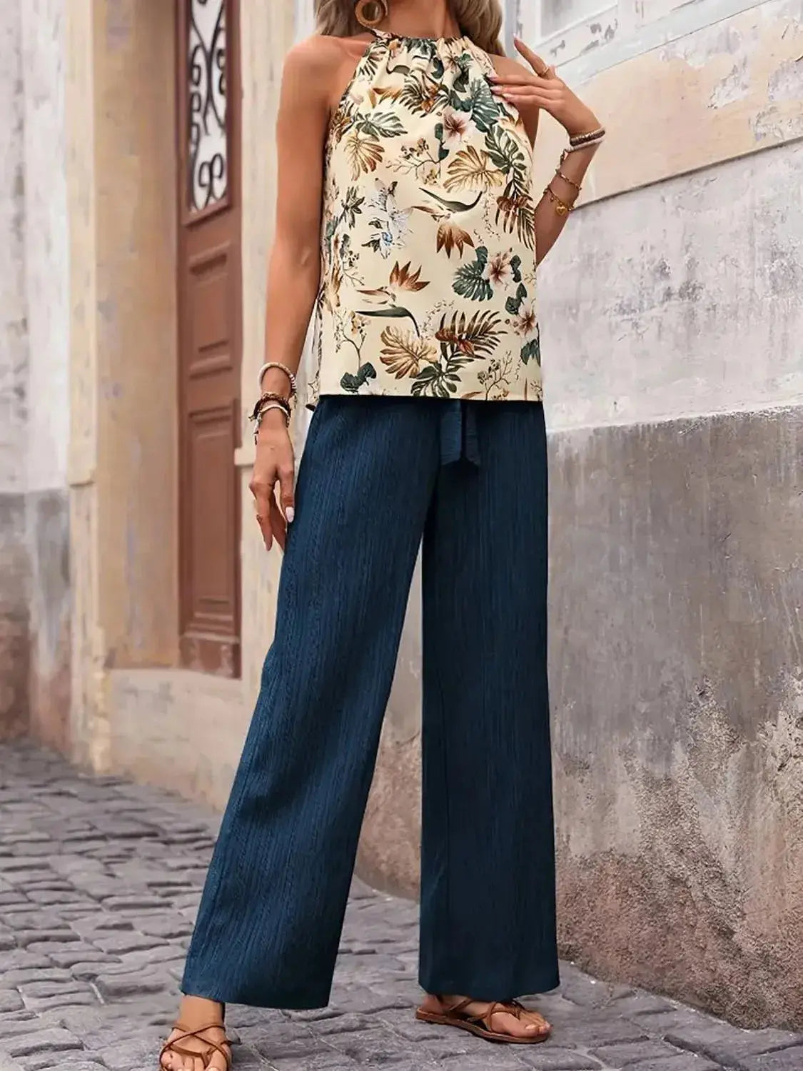 Printed Tank Top and Wide Leg Pants Set  Style Ratio