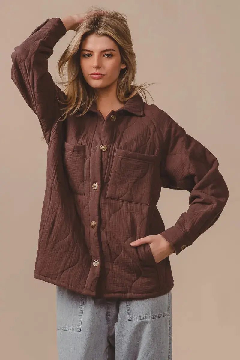 BiBi Quilted Wrinkle Gauze Long Sleeve Shacket  Style Ratio