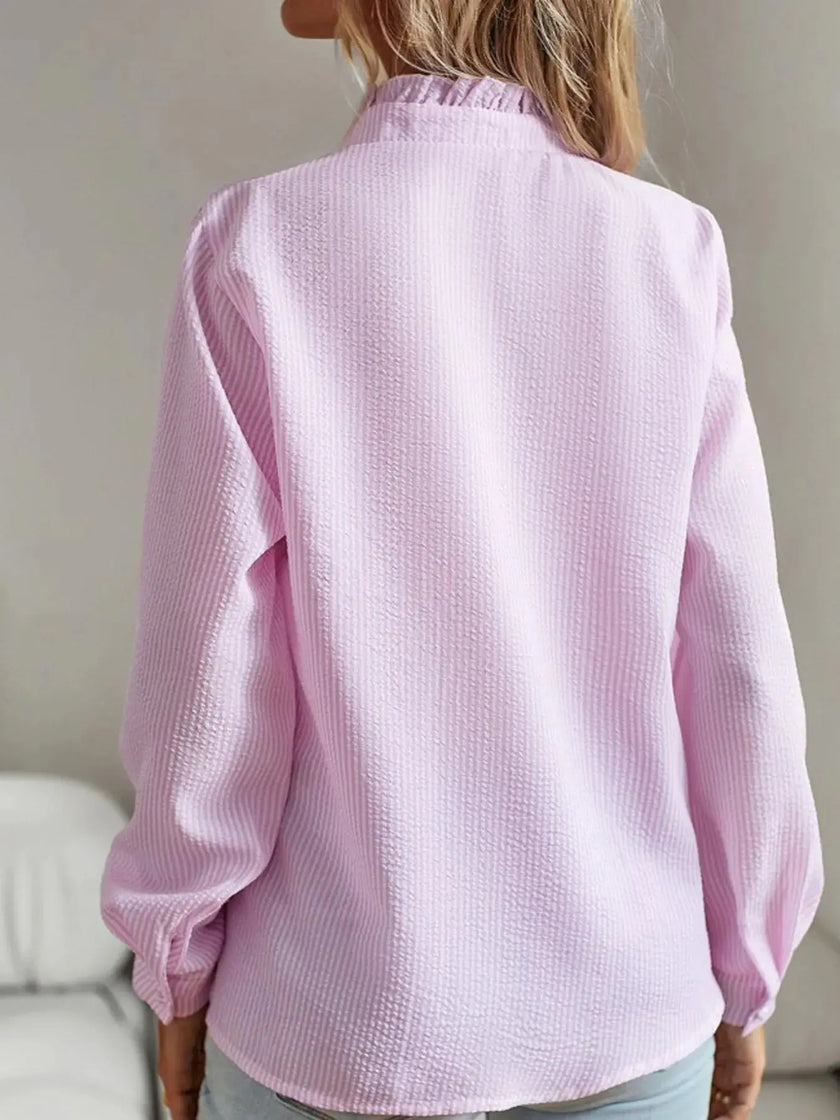Striped Ruffle Detail Button-Up Blouse  Style Ratio