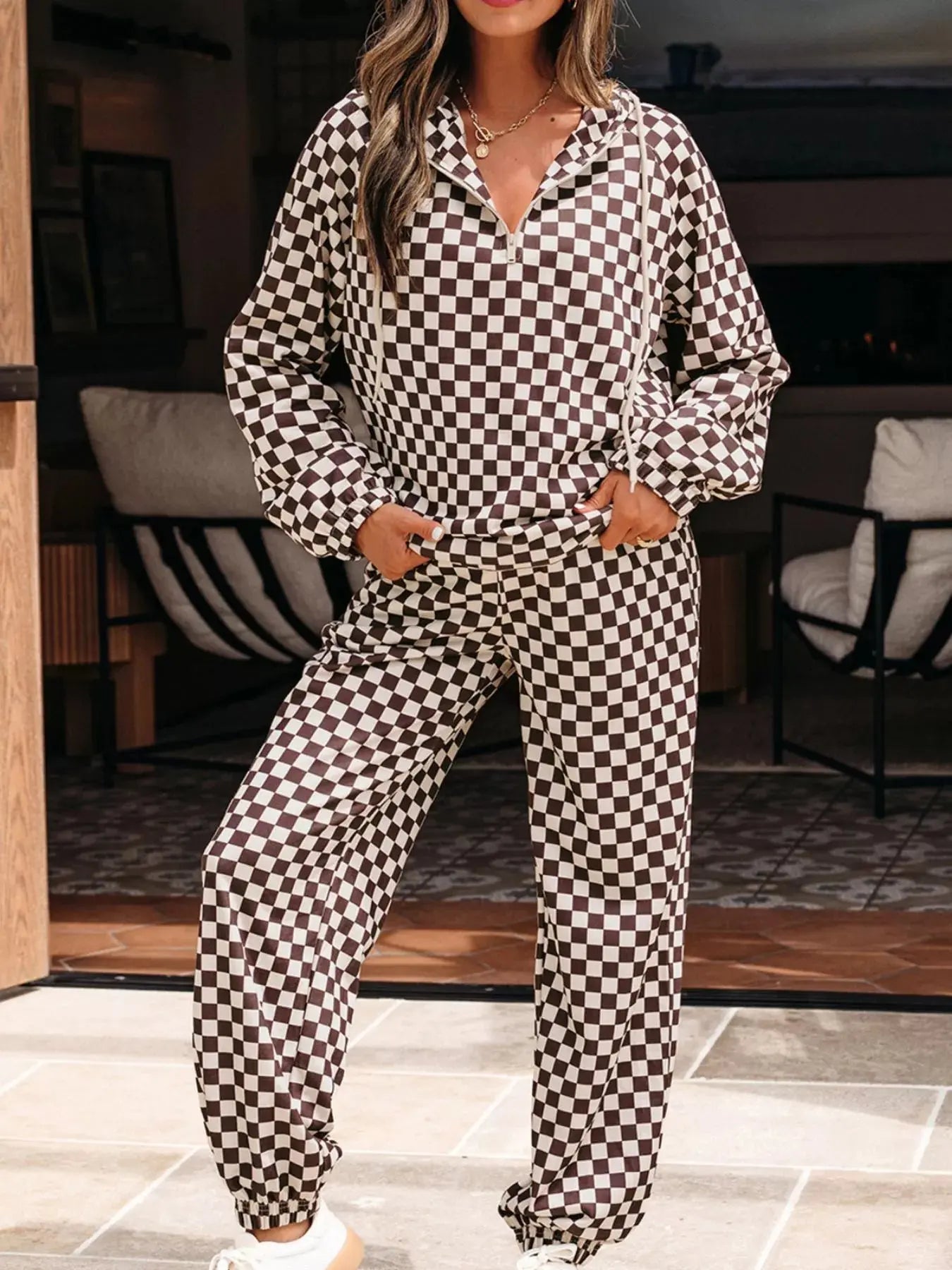 Checkered Drawstring Hoodie and Pants Set  Style Ratio