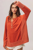 BiBi French Terry Knit Side Block Buttoned Henley Sweatshirt  Style Ratio