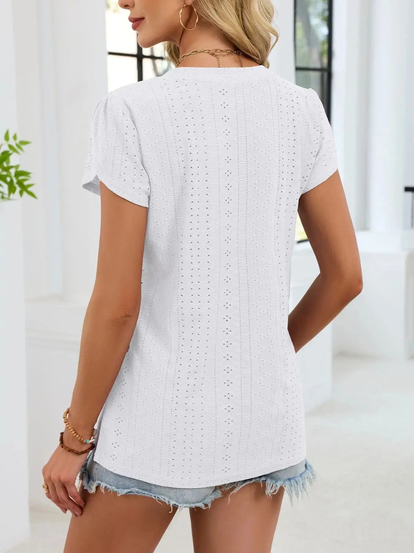 Eyelet Petal Sleeve V Neck Shirt  Style Ratio